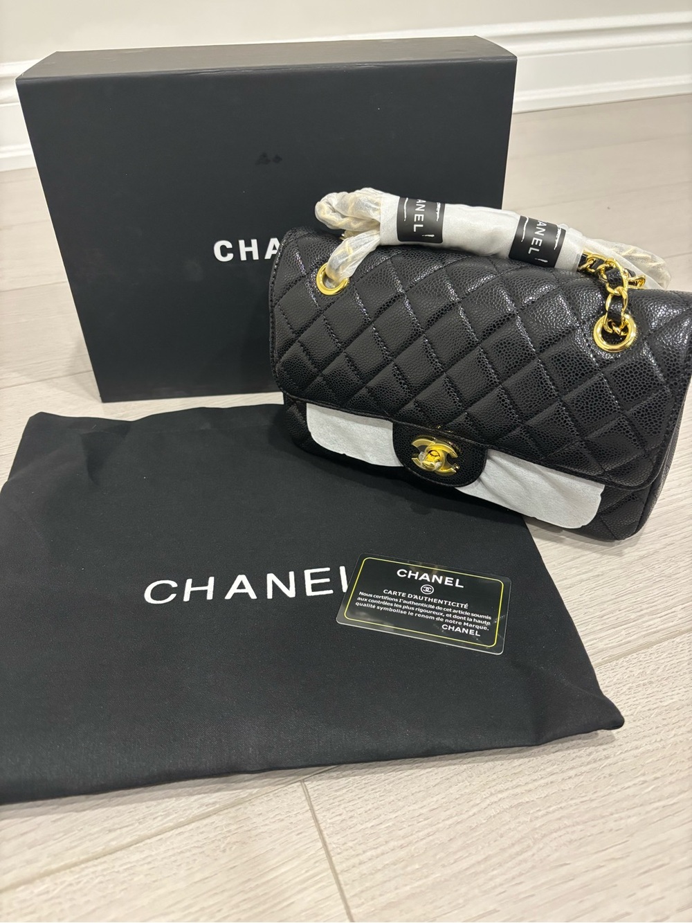 CHANEL Black Quilted Caviar Leather Shoulder Bag with Gold Hardware